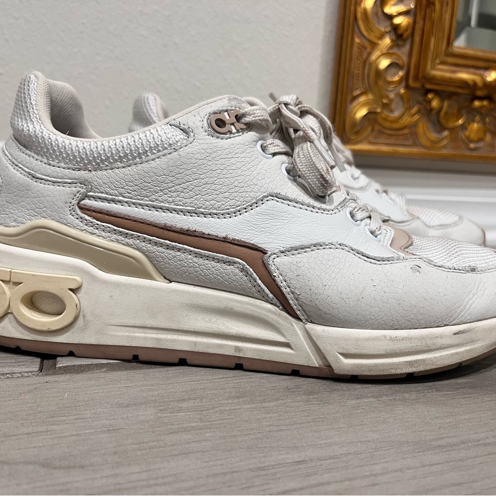 Authentic Salvatore Ferragamo White and Beige Sneakers